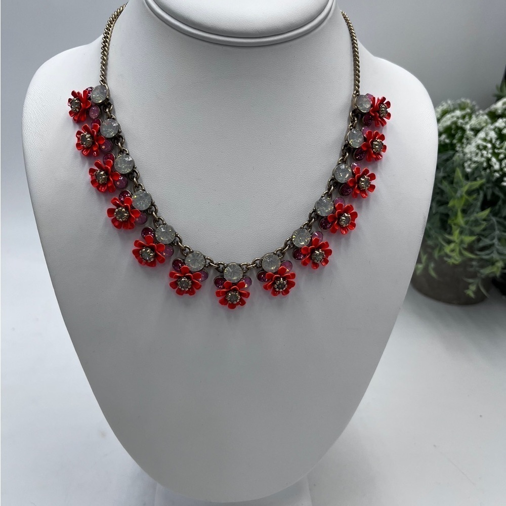 J.‎ Crew Bright Orange Metal Floral Pink Clear Opalescent Crystals Necklace